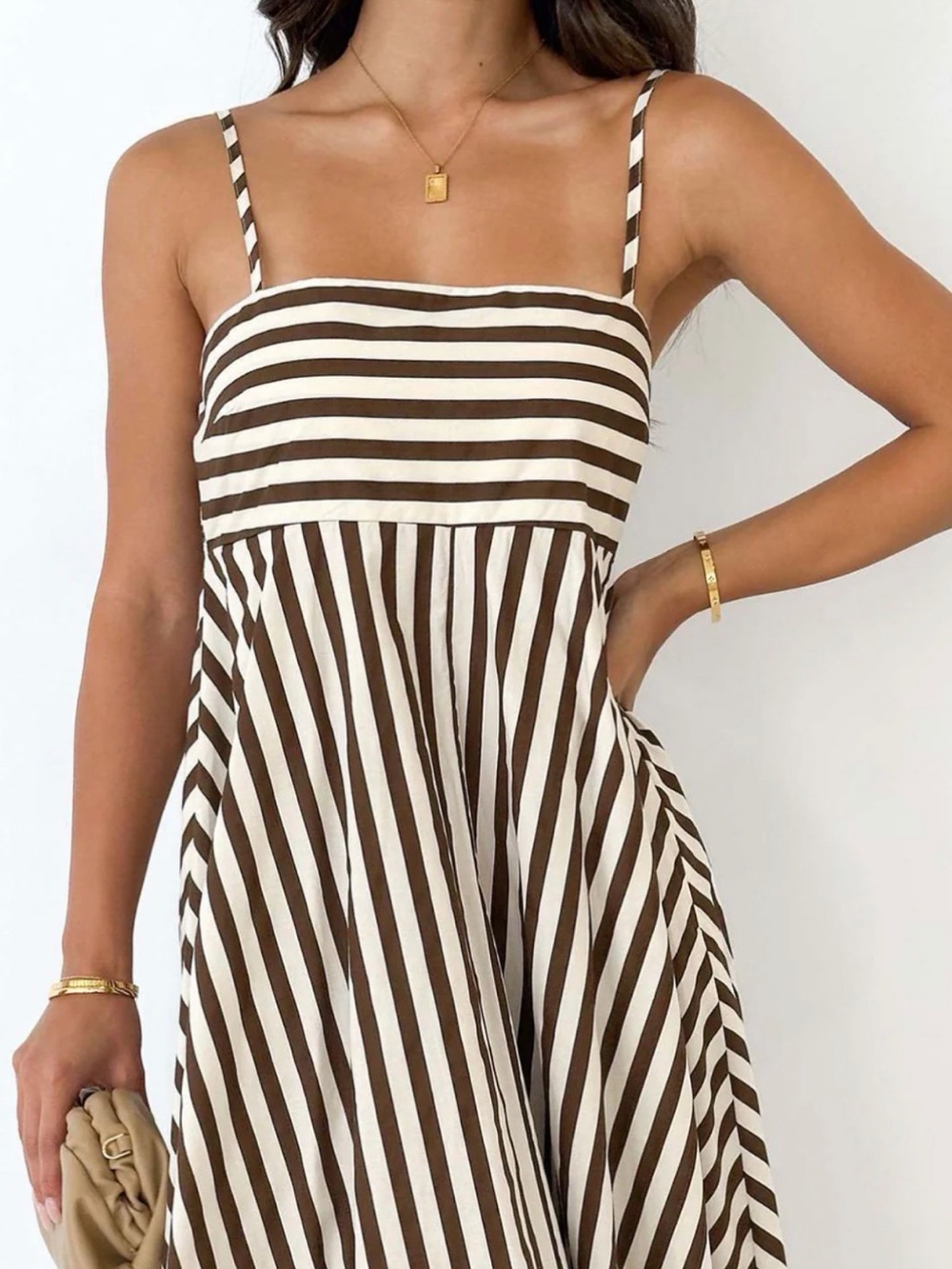 Striped Pleated Cami Long Dress .Pocket - Picture 4 of 10